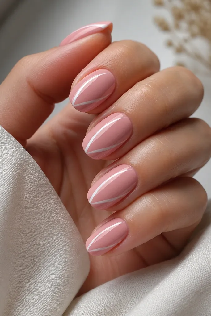 Nails are painted a milky rose-pink. On each nail, there's a thin swooping line in glossy white that starts near the side of the cuticle and curves toward the tip, staying off the sidewalls. The finish is mirror-like.
