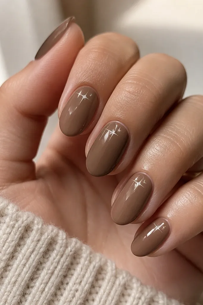Short almond nails in a chocolate-truffle nude brown. Each nail has one or two tiny white star points near the cuticle area, spaced narrowly toward the center. The nails have a glossy top coat with a smooth surface.