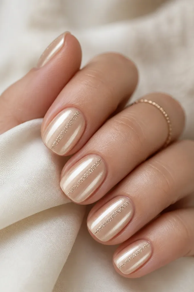 Short rounded square nails painted pearl champagne. One narrow stripe of fine champagne glitter runs down the center from near the cuticle to the tip. The rest is smooth, with a high-shine finish.