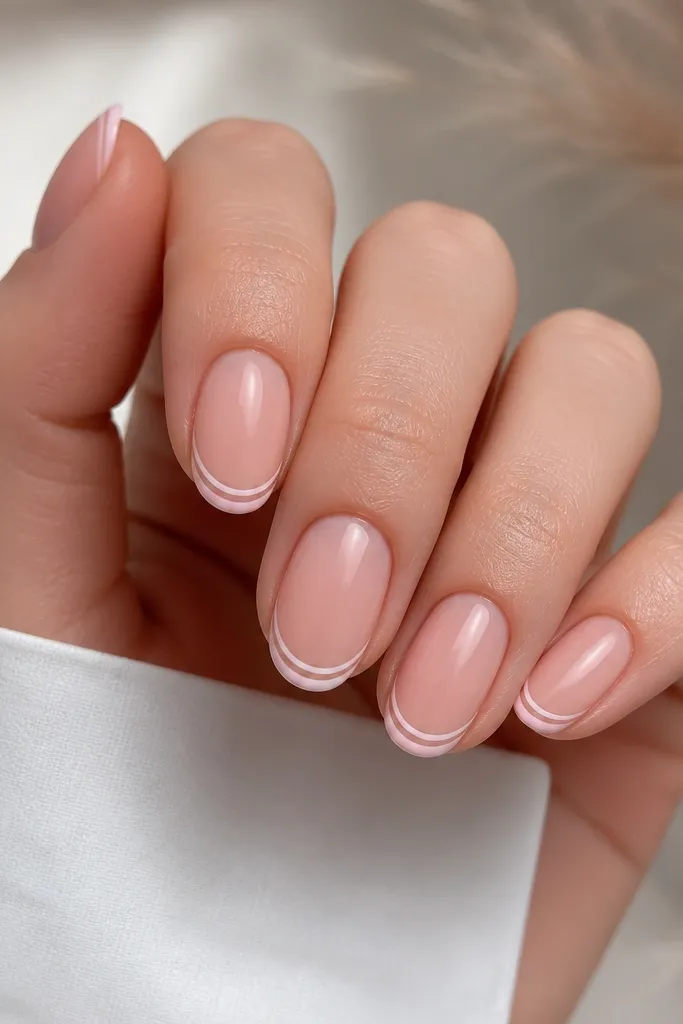 Short soft almond nails in soft pink nude. At the tip there are two ultra-thin French lines: one white line and one pale pink line beneath it, both centered and not reaching the sidewalls. The nails are glossy and clean.