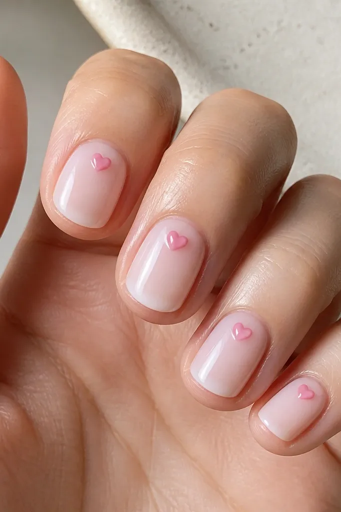 Short nails painted milky clear, almost translucent. Near the cuticle center there's a small pink jelly heart dot that looks raised slightly. Everything is glossy like glass, with clean sidewalls.