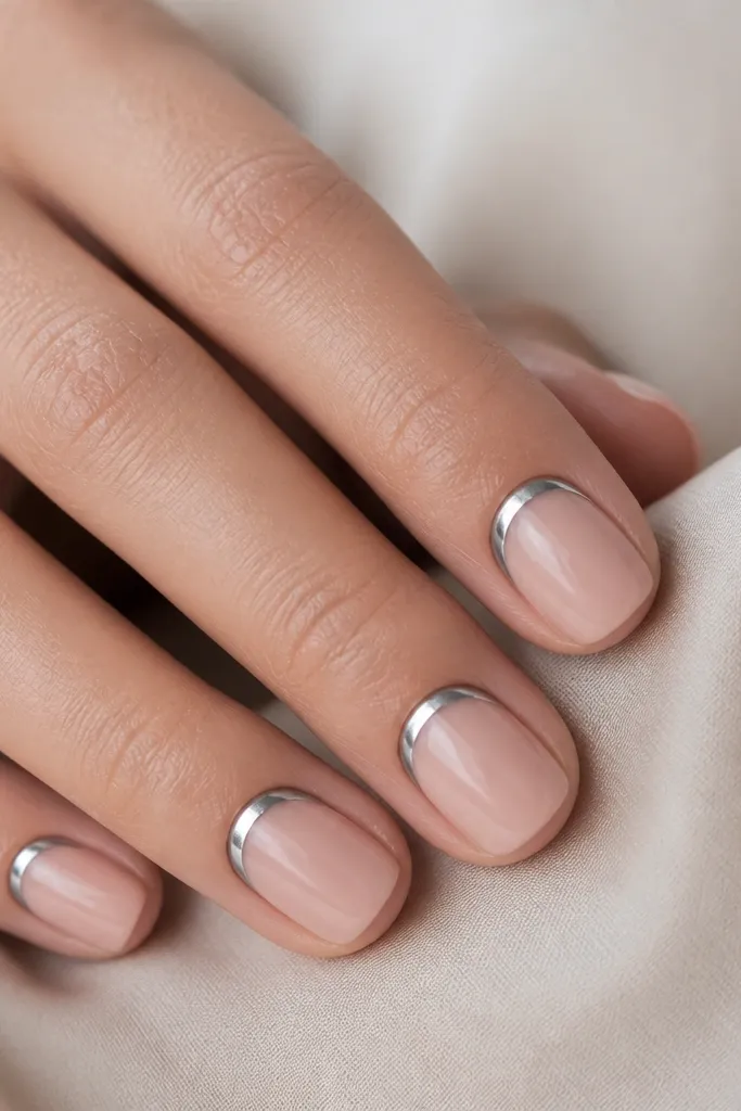 Short rounded square nails in classic nude pink-beige. Around the cuticle area there's a thin chrome halo ring in silver, shaped like a crescent that follows the cuticle line. The rest of the nail is glossy and smooth.