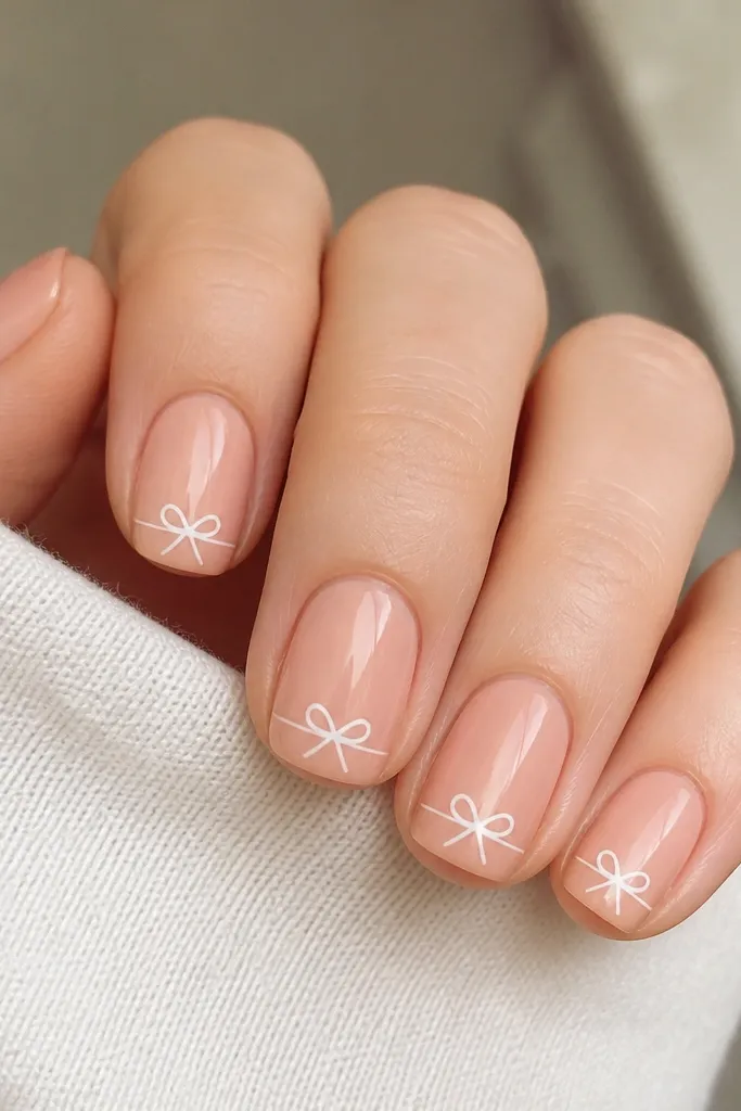 Short soft square nails painted peachy nude. On each nail there's a tiny one-line bow in glossy white at the tip center, like a simple ribbon icon. The finish is shiny with no glitter.