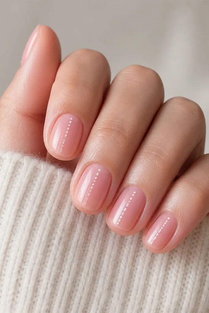 Short nails in a clear jelly pink that shows the nail bed slightly. A center dotline of tiny white dots runs from near the middle down to the tip, aligned perfectly in the nail center. The nails look plump and glossy.