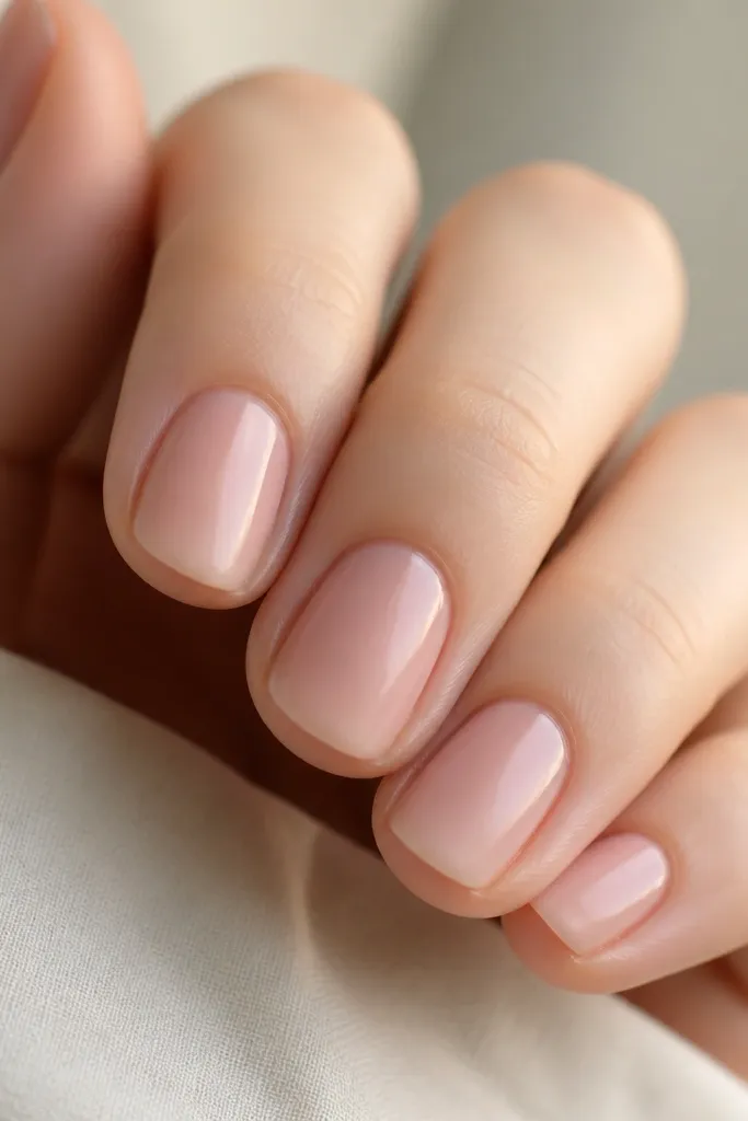 Short nails painted satin pink nude. The middle looks slightly more glossy and the sides fade into a softer satin finish, creating a gentle side gradient. The nails are smooth with a satin-to-gloss contrast.