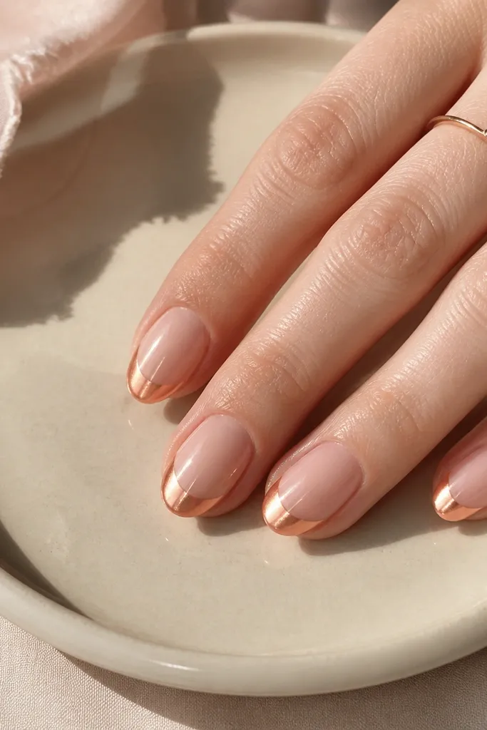Short nails painted sheer nude. Only the tips have a peachy chrome powder effect, like a gradient halo at the edge. The base is glossy but transparent, and the chrome shines in warm pink-gold tones.