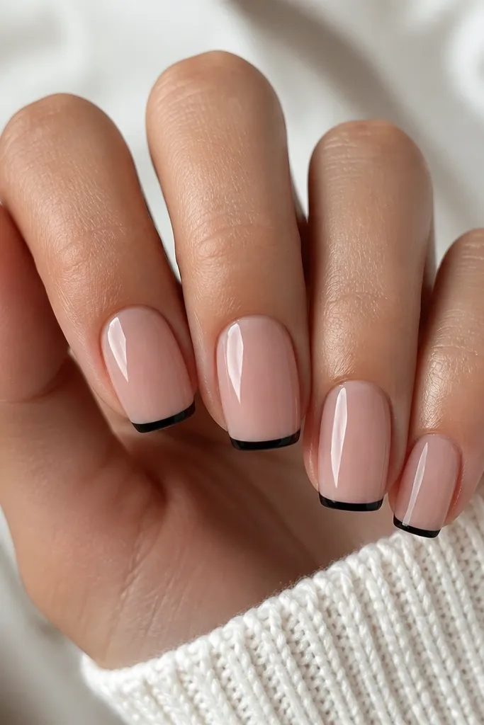 Squoval nails with a sheer nude base and crisp black French tips. The black tips are thin and evenly spaced, with a glossy finish and clean cuticle edges.