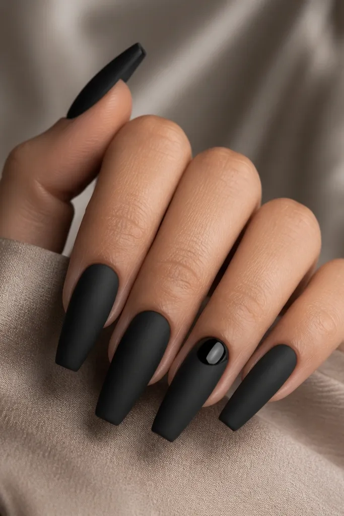 Coffin-shaped nails in matte black. One ring finger has a glossy black oval panel near the cuticle, while the rest stay fully matte. The contrast looks intentional and high-end.