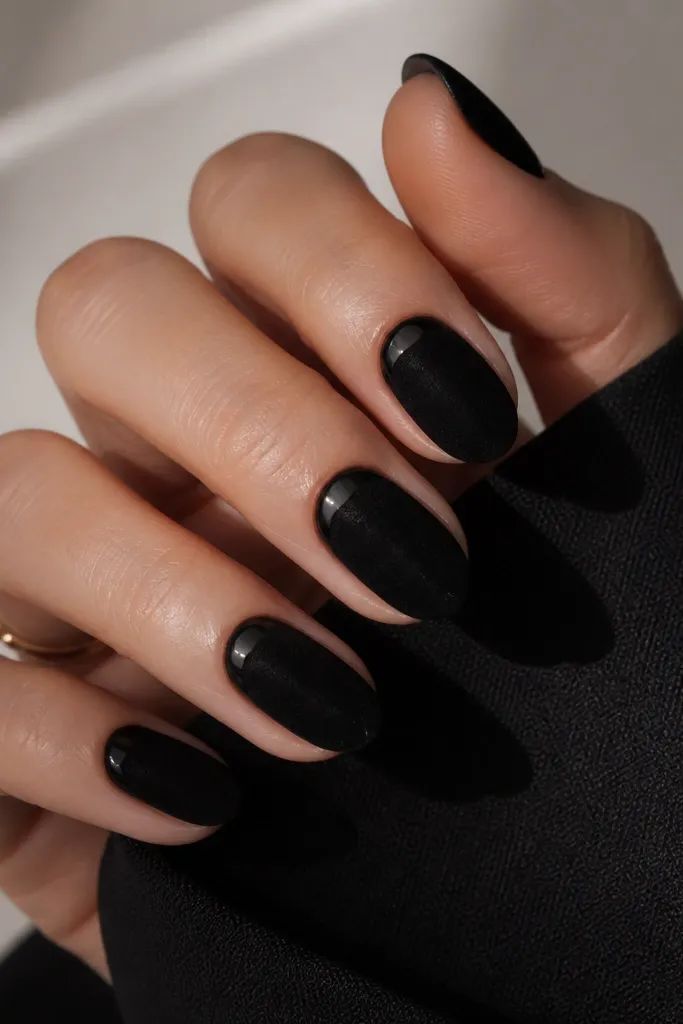 Short-to-medium almond nails with a black velvet (powder) finish. The cuticle area has a clean half-moon border in glossy black, creating a crisp contrast line.