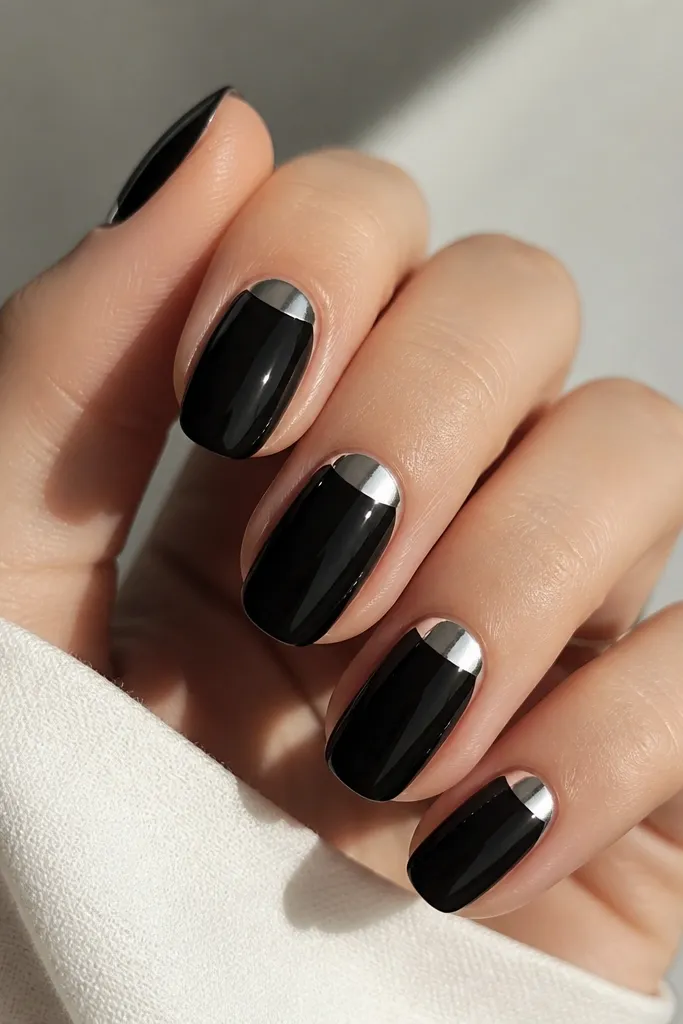 Glossy black nails with a chrome half-moon at each cuticle. The chrome arc is bright silver and sits cleanly on the nail bed, leaving the rest fully black.