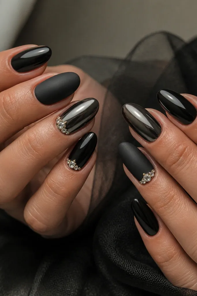 Five different black nail designs on each hand, all cohesive: glossy black on most nails, matte black on one, chrome on another, and each hand has one nail with a small cluster jewel near the cuticle. Everything looks coordinated and high shine.