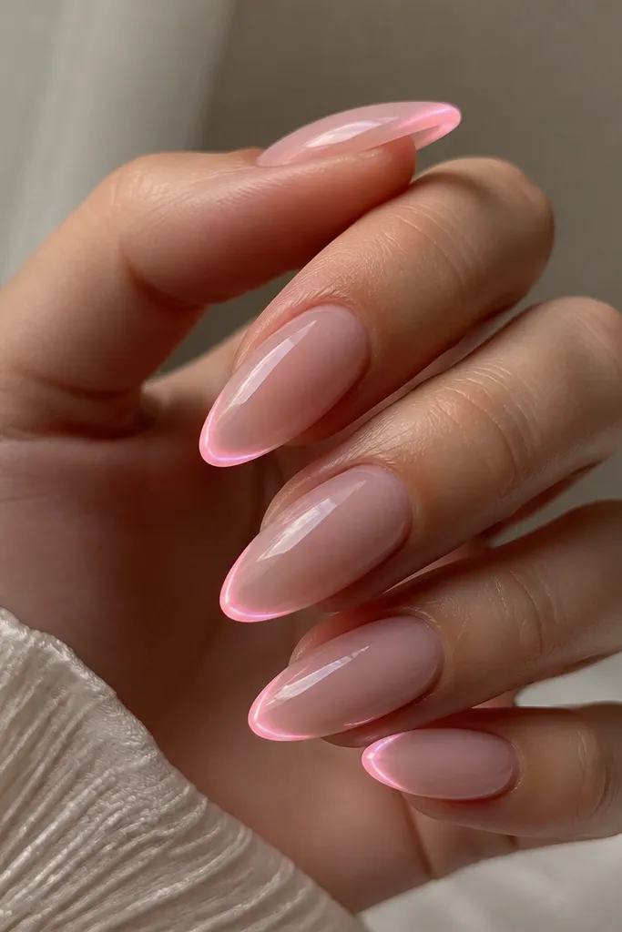 Set of long almond nails in sheer baby pink. A thin, bright LED glow forms a small halo band right at the very tip under a clear gel cap. The rest of the nail looks glassy and natural with no heavy decals.