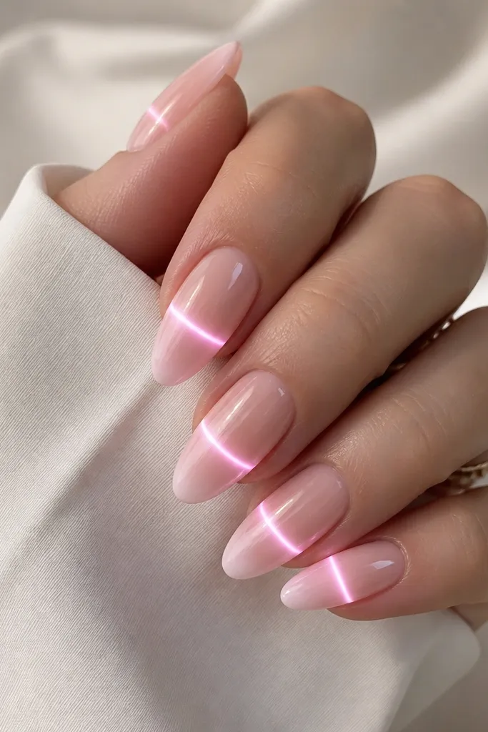 Milky pink French manicure on long almond nails. A bright LED glow runs horizontally where the smile line would be, creating a lit band across each nail. The nail bed is sheer and the tips are slightly brighter milky pink.