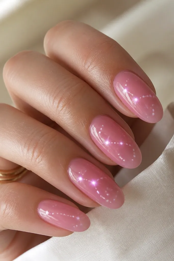 Glossy bubblegum pink jelly nails. Tiny LED points create a constellation effect across the nail, with a few brighter dots near the center and a soft glow trail toward the tip. No glitter overload, just clean dots under clear gel.