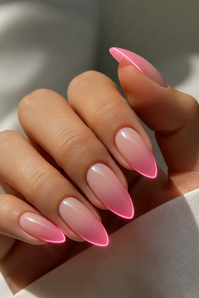 Long almond nails with a blush pink ombre that fades from sheer near the cuticle to deeper pink at the tip. A thin LED glow hugs the outer edge of the ombre near the tip, creating a lit rim effect. The surface is super glossy.