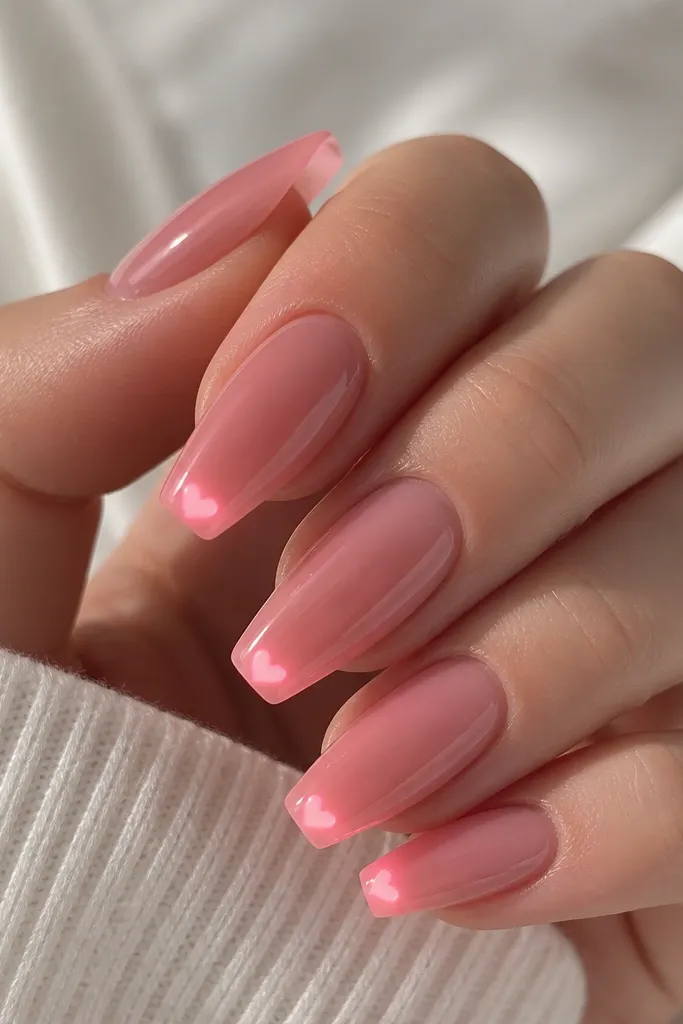 Coffin nails in rosy pink. Each tip has a small heart shape in a slightly brighter pink. Under the heart area, a soft LED glow gives the hearts a lit-from-below look. The rest of the nail is glossy and plain.