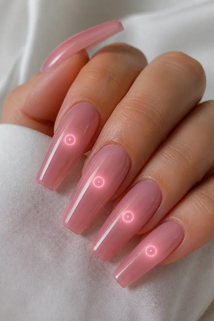 Long coffin nails with a glossy pink glazed finish. A circular LED ring effect appears near the center of each nail under clear gel, like a tiny lit donut hole. The rest is smooth and clean.