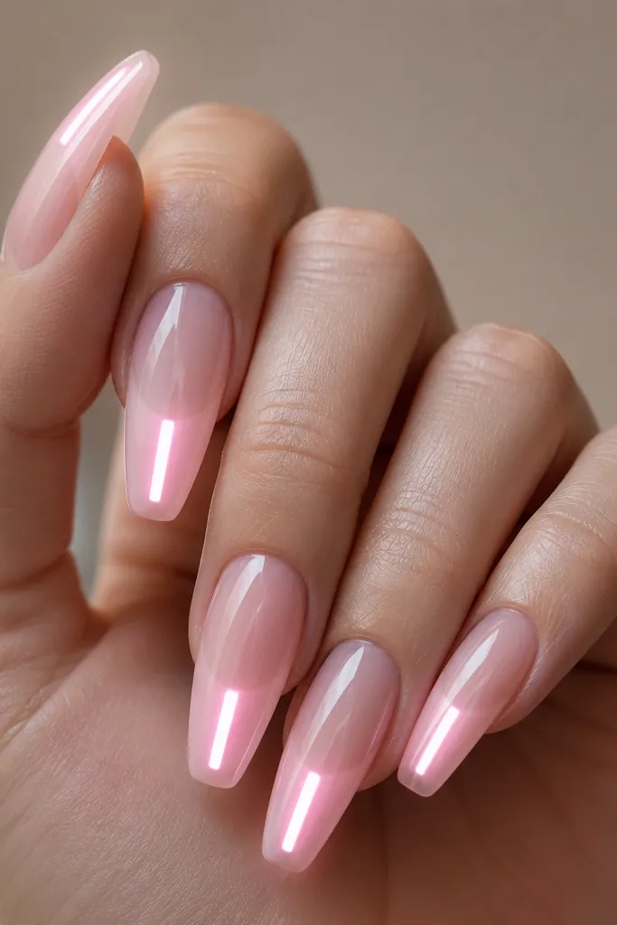 Long nails with a jelly-like milky pink French tip. A bright LED strip runs down the center of the nail tip area, glowing under the clear cap. The sides are smooth and minimal.