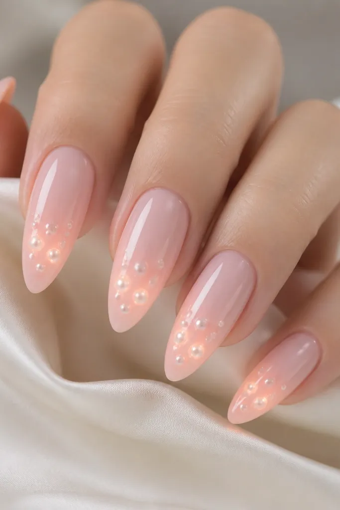 Almond nails in pale pink with tiny pearl beads scattered lightly near the lower half of the nail. A soft LED glow sits under the base area, making the pearls look lit. Everything is glossy and tidy.