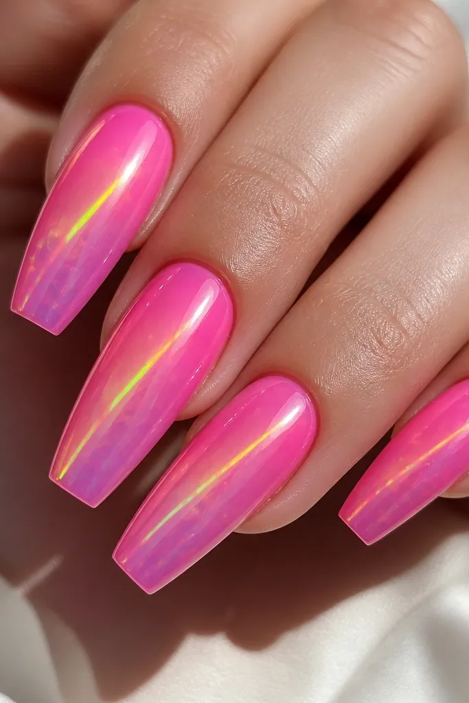 Coffin nails with a hot pink opal sheen finish. A prism-like LED glow line runs diagonally across the nail under clear gel, creating a colored light effect. The surface is glossy with a subtle iridescent shift.
