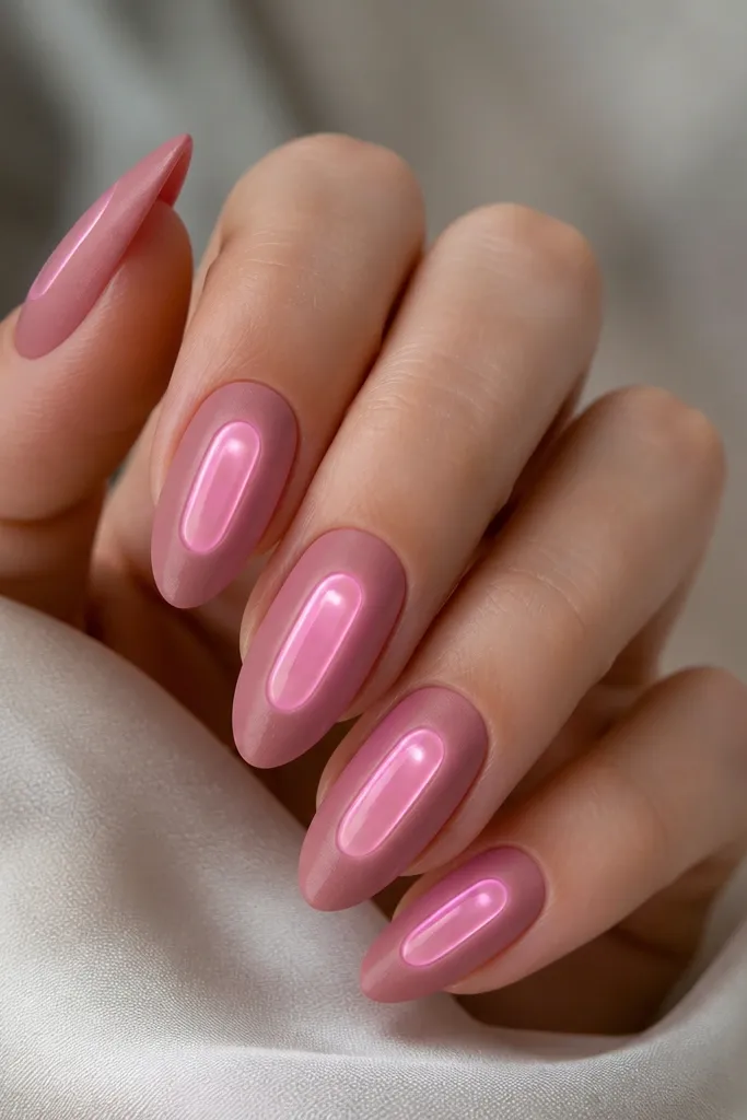 Almond nails with a soft pink velvet-matte finish. In the center of each nail there is a clear glossy window where an LED glow shines through, forming a bright rectangle-like glow area. The matte edges look velvety and clean.