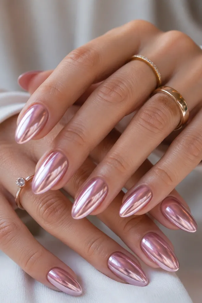 Hands with medium almond nails coated in a milky pink base, then a full mirror pink chrome layer that reflects like a soft pink mirror. The cuticles are clean and the tips look sharply sealed with a glassy gloss.