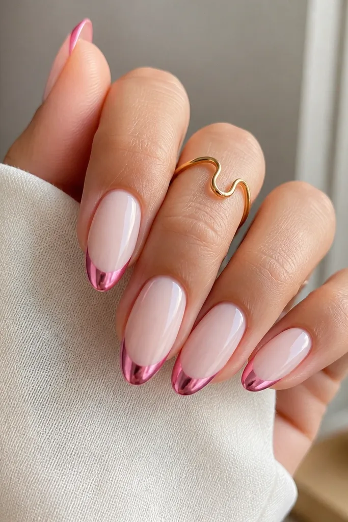Almond nails with a sheer milky nude base. The French tips are a bright pink chrome band, crisp and centered, with a glossy clear finish that makes the chrome look like a thin mirror stripe.