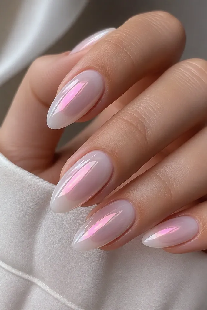 Almond nails with a soft baby pink center glow that fades outward into a sheer milky base. A pink chrome aura sits around the center, blending like a halo, with glossy shine over everything.