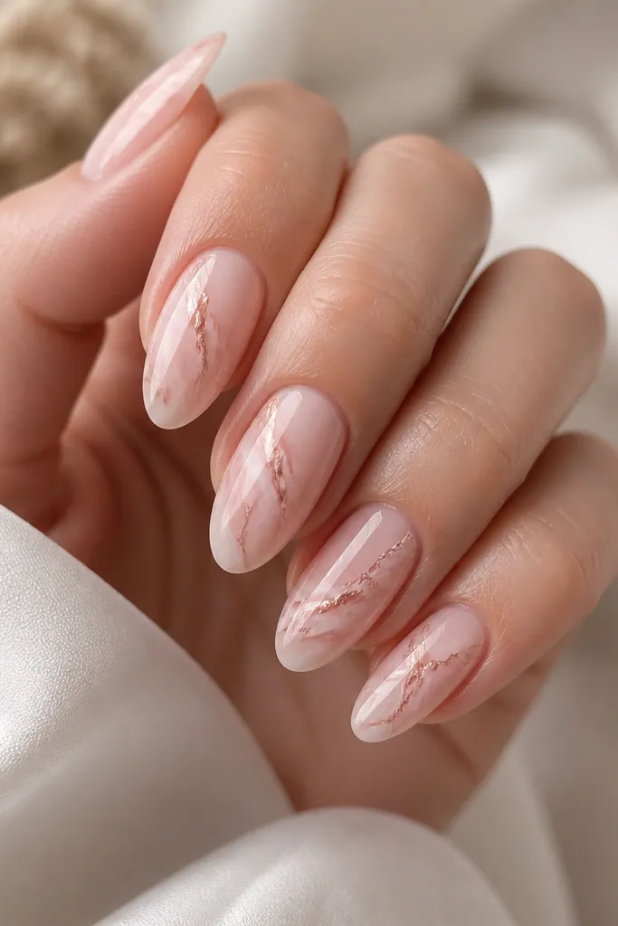Almond nails with a milky pink base and soft, cloudy white-pink marble swirls. Thin rose-gold pink chrome streaks run through the marble, all sealed under a thick glossy top coat.
