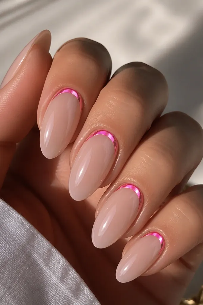 Almond nails with a sheer nude-milky base. A curved half-moon of bright pink chrome sits right at the cuticle line, creating a glowing crescent. Glossy top coat reflects light across the nail.