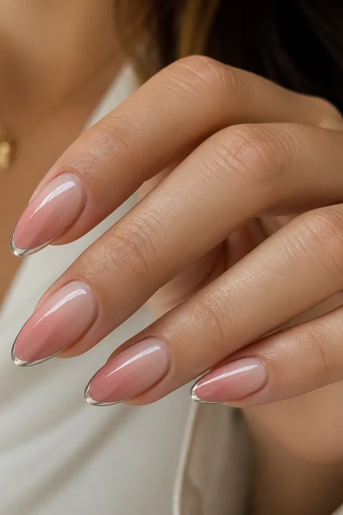 Almond nails with an ombré fade from deeper blush near the tip into a lighter sheer pink toward the cuticle. A thin chrome band sits right along the very edge of the tip, with a high-gloss finish.