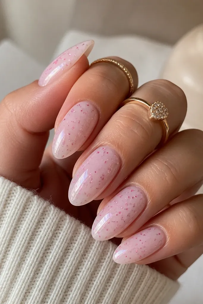 Almond nails with a milky pink base and scattered tiny pink chrome specks throughout, like confetti. The specks are uneven and natural-looking, all under a thick glossy top coat.