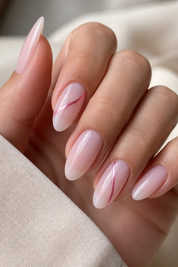Almond nails with a clean milky blush base. One or two nails have a single diagonal chrome line in bright pink, while others stay solid milky pink with a glossy finish.