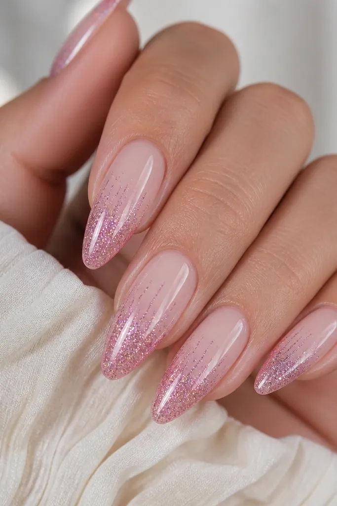 Almond nails with a milky pink base and a "waterfall" glitter fade that starts at the mid-nail and drips toward the tip. The glitter is pink chrome mixed with fine holo particles, sealed in mirror gloss.