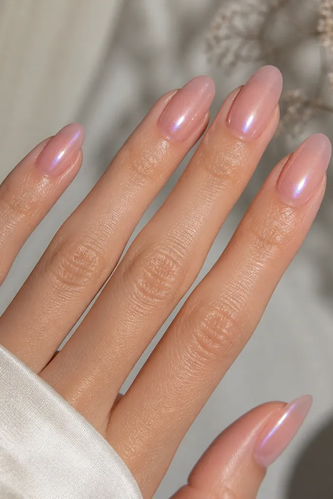 Almond nails with a translucent jelly-pink base. A chrome bloom sits in the center near the cuticle and spreads slightly outward, with a glossy gel top coat that looks like glass.