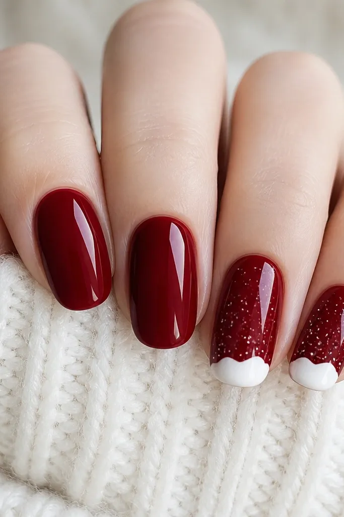 Five nails shown close-up on a white sweater sleeve. The base is a deep velvet red, smooth and glossy. Two accent nails have tiny white "snowcap" arcs at the free edge, with faint speckled dots like falling snow. The other nails have only the red with crisp, clean edges.