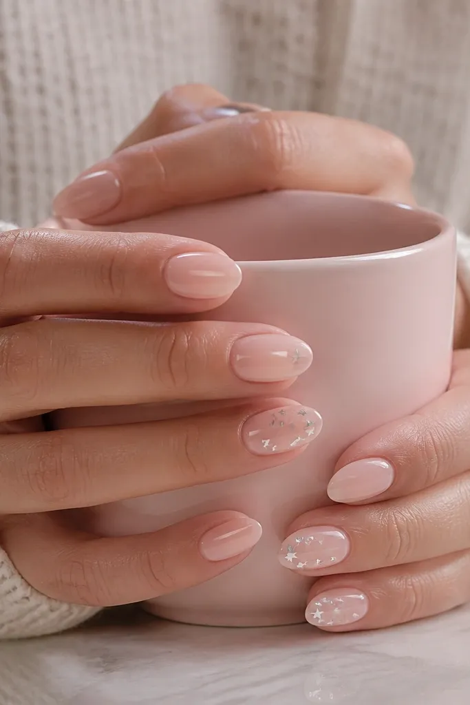 Hands resting on a pale pink mug. Nails are medium-short almond with a frosted nude base. Two nails have tiny silver star decals scattered near the tip and one has a single star at the center of the nail. Everything is glossy and smooth, with no chunky texture.