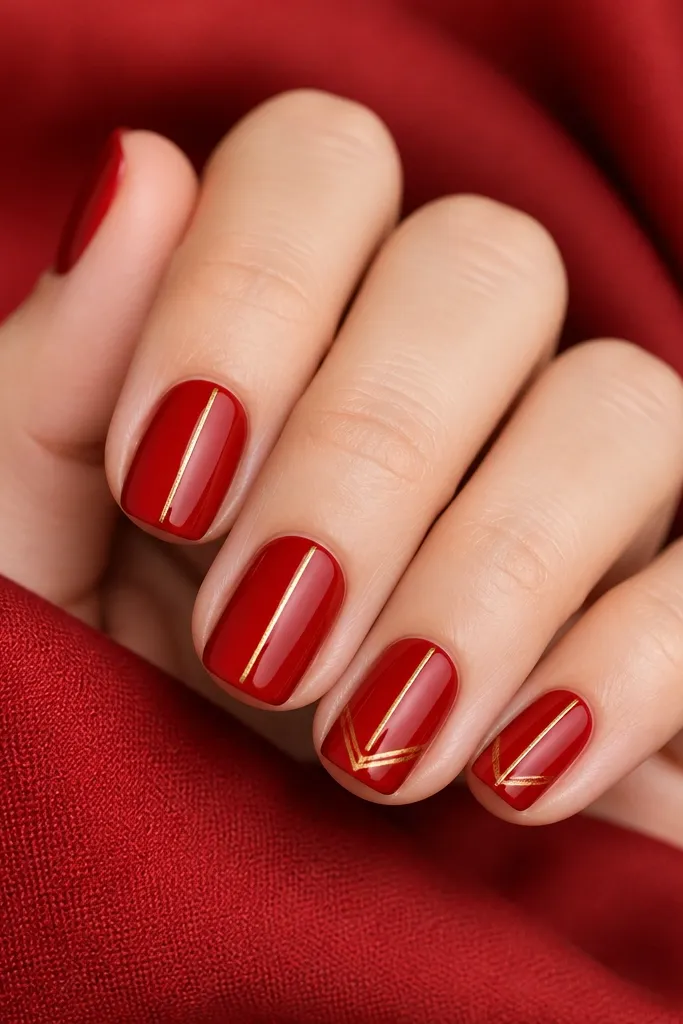 Nails photographed against a red fabric background. The base is classic Christmas red, glossy. Each nail has one thin gold line running vertically near the center, and two nails have a tiny gold V shape at the tip. Shapes are short, clean, and square-rounded.