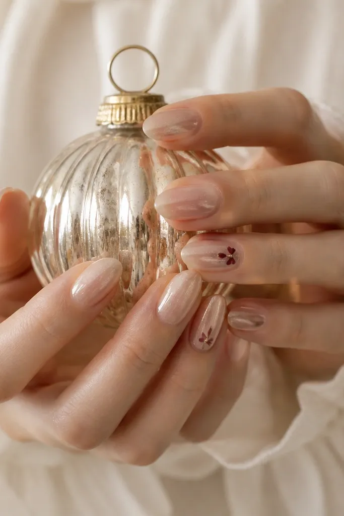 Hands holding a glass ornament. Nails are medium-short almond in champagne nude. Two nails have a small burgundy bow at the side of the nail near the cuticle, with a tiny gold dot in the middle. The rest of the nails are plain glossy nude with a soft shimmer.