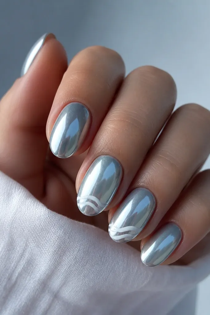 Nails photographed under cool lighting. Base is icy blue chrome that shifts from silver-blue to pale ice depending on angle. Two nails have white swirl tips, like thin ribbon curls at the free edge. Nails are medium-short almond, glossy with sharp reflective finish.