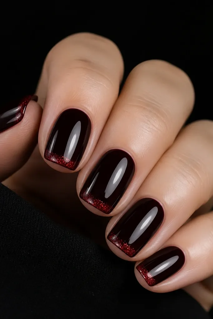 Nails against a black background. The base is black cherry with a deep glossy shine. On each nail, there's a subtle band of red micro glitter at the very tip, almost like a dusting. The shape is short soft square, clean and neat.