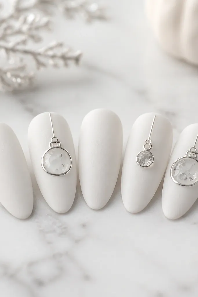 Nails shown on a countertop with a snowy white vibe. The base is snowy white matte on all nails. Two nails have small clear ornament shapes outlined in silver, and one nail has a single dangling-looking clear charm. The matte finish looks velvety, and the ornament outlines are glossy.