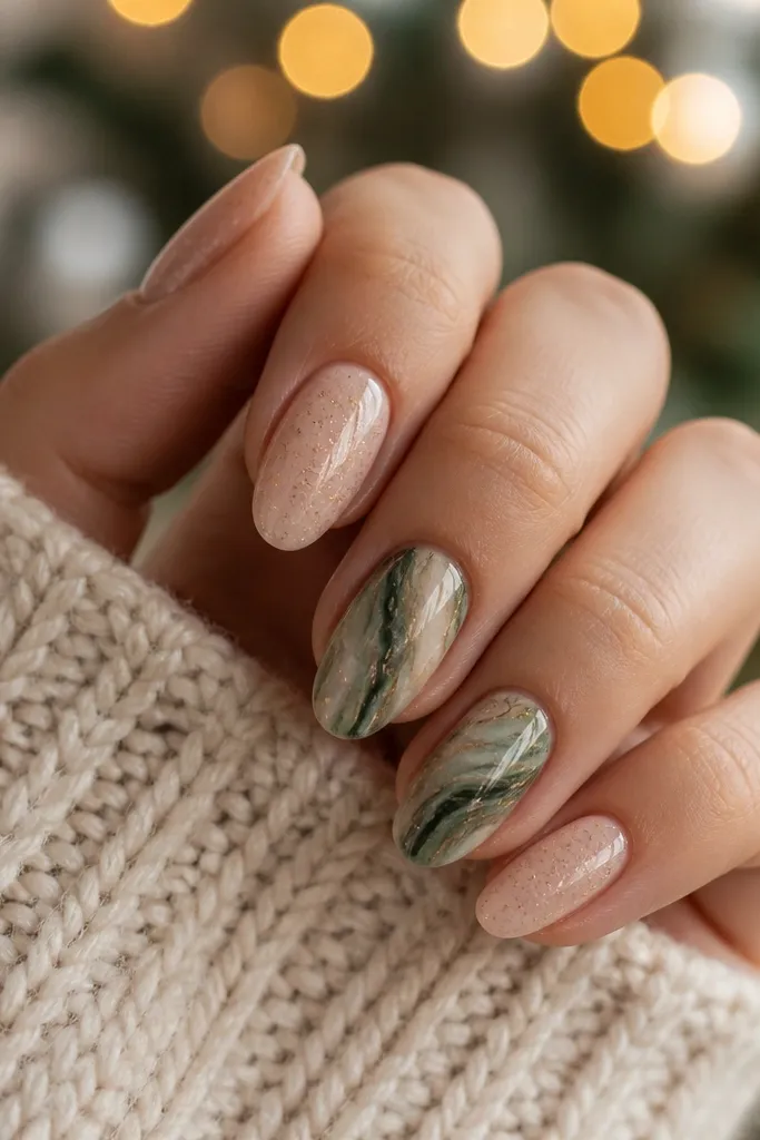 Nails photographed with holiday lights out of focus. Most nails have a sheer nude base with fine gold flecks suspended inside, glossy. Two nails show green marble lines in evergreen and forest tones. The shape is medium-short almond with a smooth, polished apex.