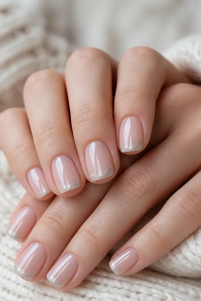 A classic French manicure, but winter. Clear nude base with glossy finish. Tips are painted in thin silver lines with a soft icy gradient fading inward. The shape is short soft square, and the tips look crisp and symmetrical.