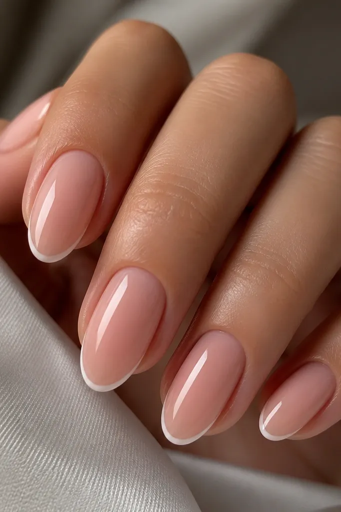 Glossy nails in a soft nude-blush pink on an almond shape, with an ultra-thin white French arc that is brightest at the center and fades slightly toward the corners. Clean, no gems, mirror shine.