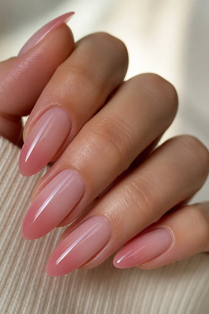 Almond nails with a jelly-clear smile line at the center, transitioning into a soft baby pink near the cuticle and a deeper blush toward the tip. The French edge looks like a gradient rather than a solid line, glossy and smooth.