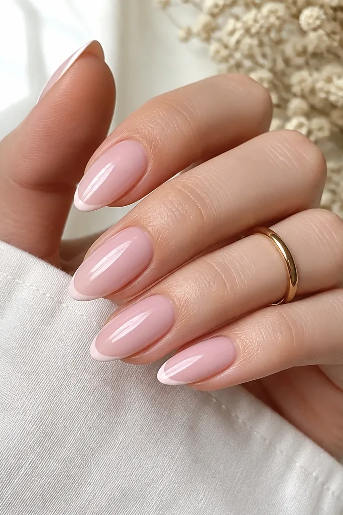 Almond nails with a milky rose-quartz pink base and a crisp white French tip. The French line is thin and arched, with a glossy finish that reflects light evenly.