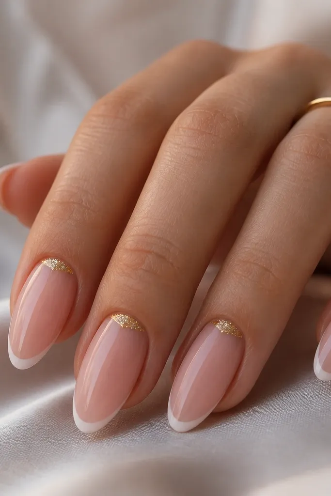 Almond nails in sheer pink with a thin white French tip. At the smile line, a small half-moon of gold foil sits centered under the white, with a glossy top coat over everything.