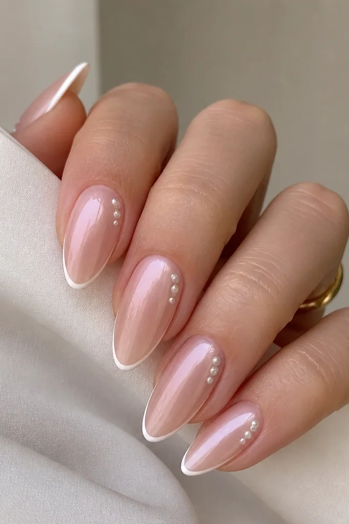 Almond nails with a soft pearlized blush base, glossy. The French tip is thin and white, and there are two or three tiny pearl dots on the side near the apex on each nail.