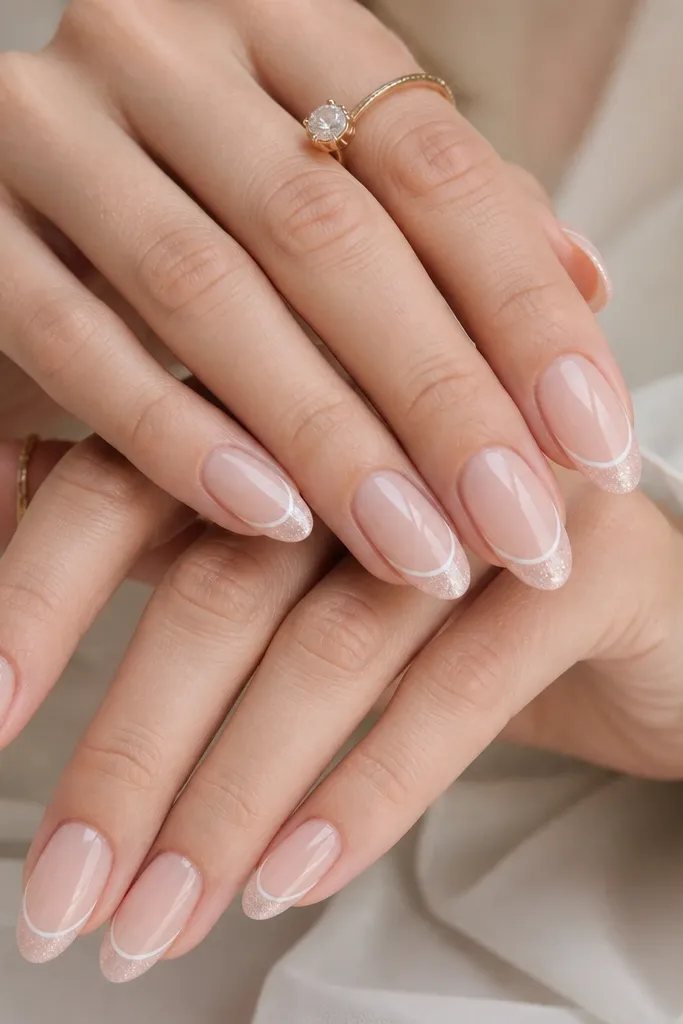 Almond nails with sheer blush pink base and a thin white French line. At the very tip, there's a soft glitter fade that starts at the edge and fades back into the white.